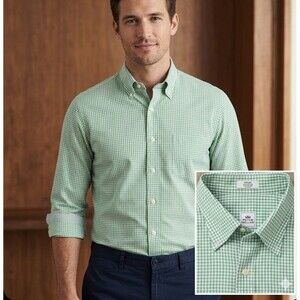 PETER MILLAR Nanoluxe Easy Care Shirt Size M Green Gingham Long Sleeve Classic